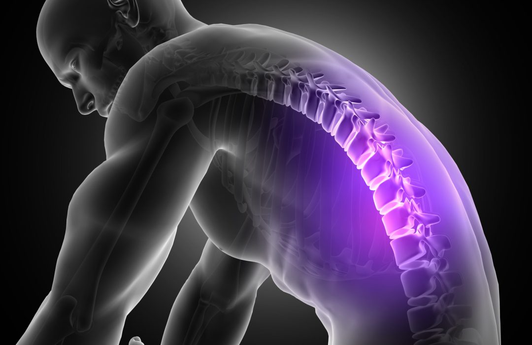 3D render of a male figure leaning over with spine highlighted